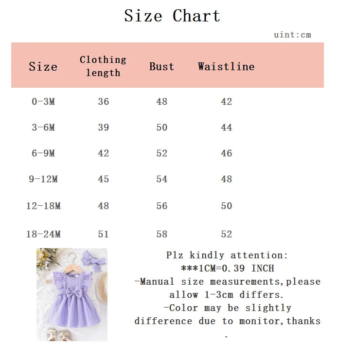 Baby girl wearing a purple ruffle dress with a bow and matching headband