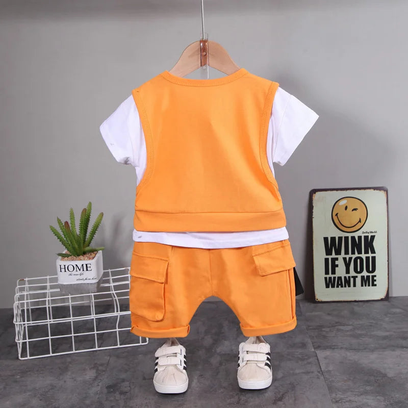 Fabric and texture detail of boys summer casual t-shirt & shorts set