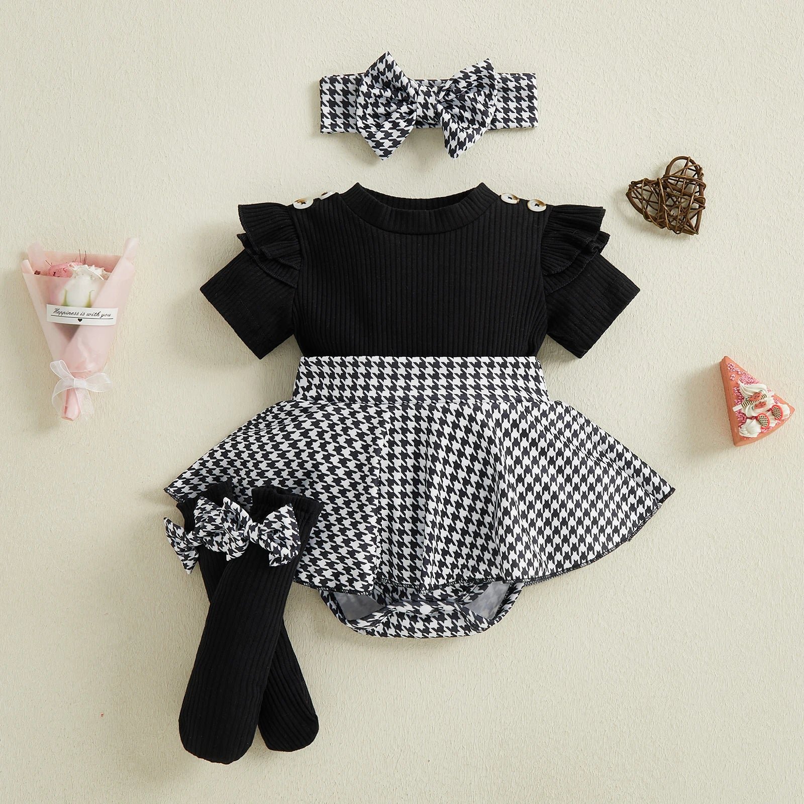 Baby girls houndstooth short sleeve ribbed romper dress with headband and socks