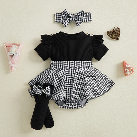 Baby girls houndstooth short sleeve ribbed romper dress with headband and socks