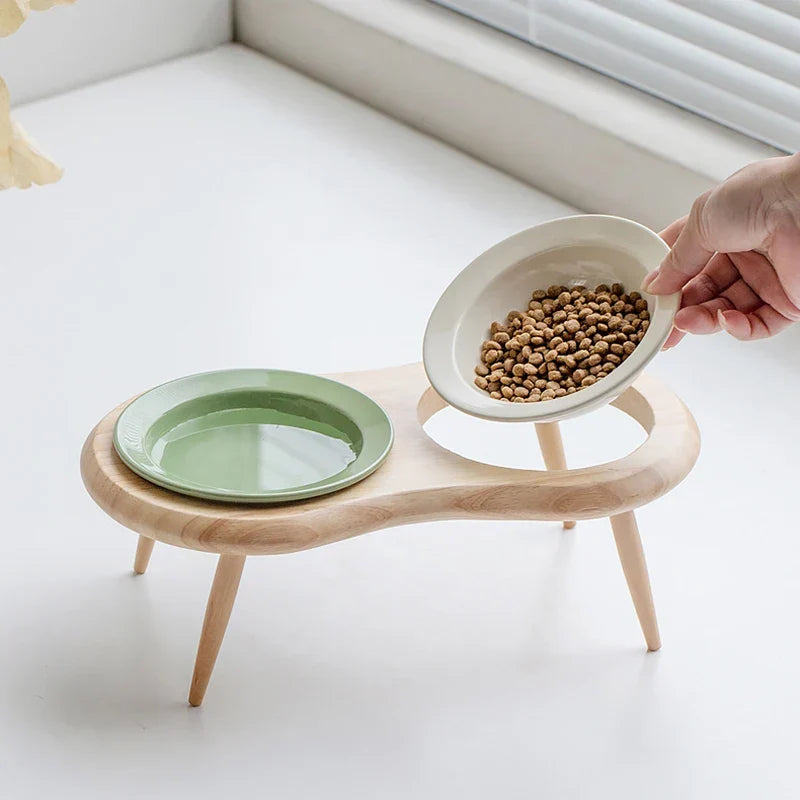 Cat Ceramic Bowl Set Height Adjustable Elevated Wooden Stand Double Food Water Bowls Fall 2025 Mess Free Feeding