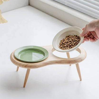Cat Ceramic Bowl Set Height Adjustable Elevated Wooden Stand Double Food Water Bowls Fall 2025 Mess Free Feeding