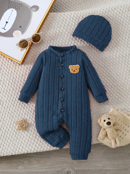 Side view of baby boys red bear badge onesie & hat set