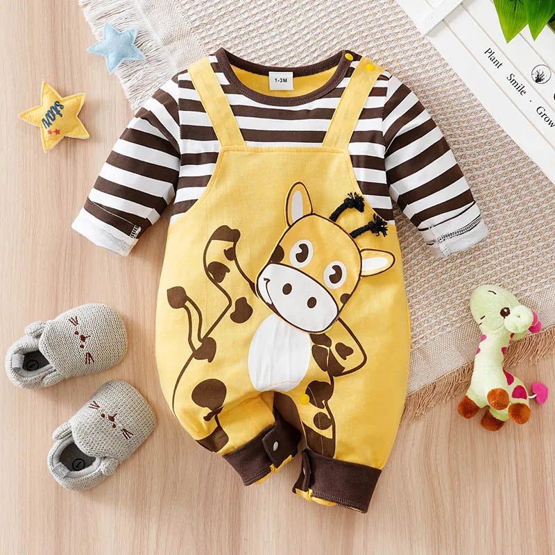 Occasion style layout showcasing the baby striped elephant and giraffe print romper