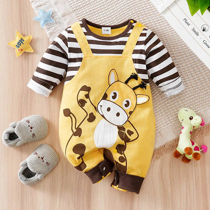 Occasion style layout showcasing the baby striped elephant and giraffe print romper