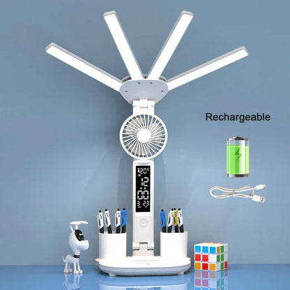 Rechargeable Desk Lamp LED With Fan And Clock Display Study Light Back To School 2025 Portable Adjustable Brightness