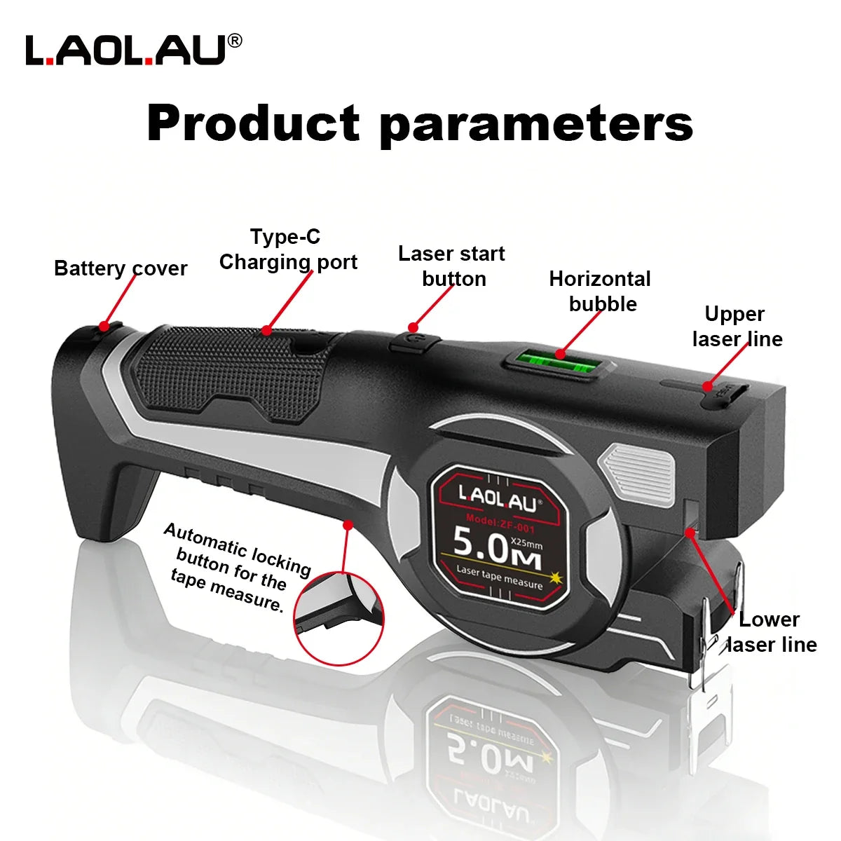 LAOLAU 2-in-1 Laser Tape Measure 5M/16FT – Type-C Rechargeable Class II Laser Auto-Lock Tool 2026