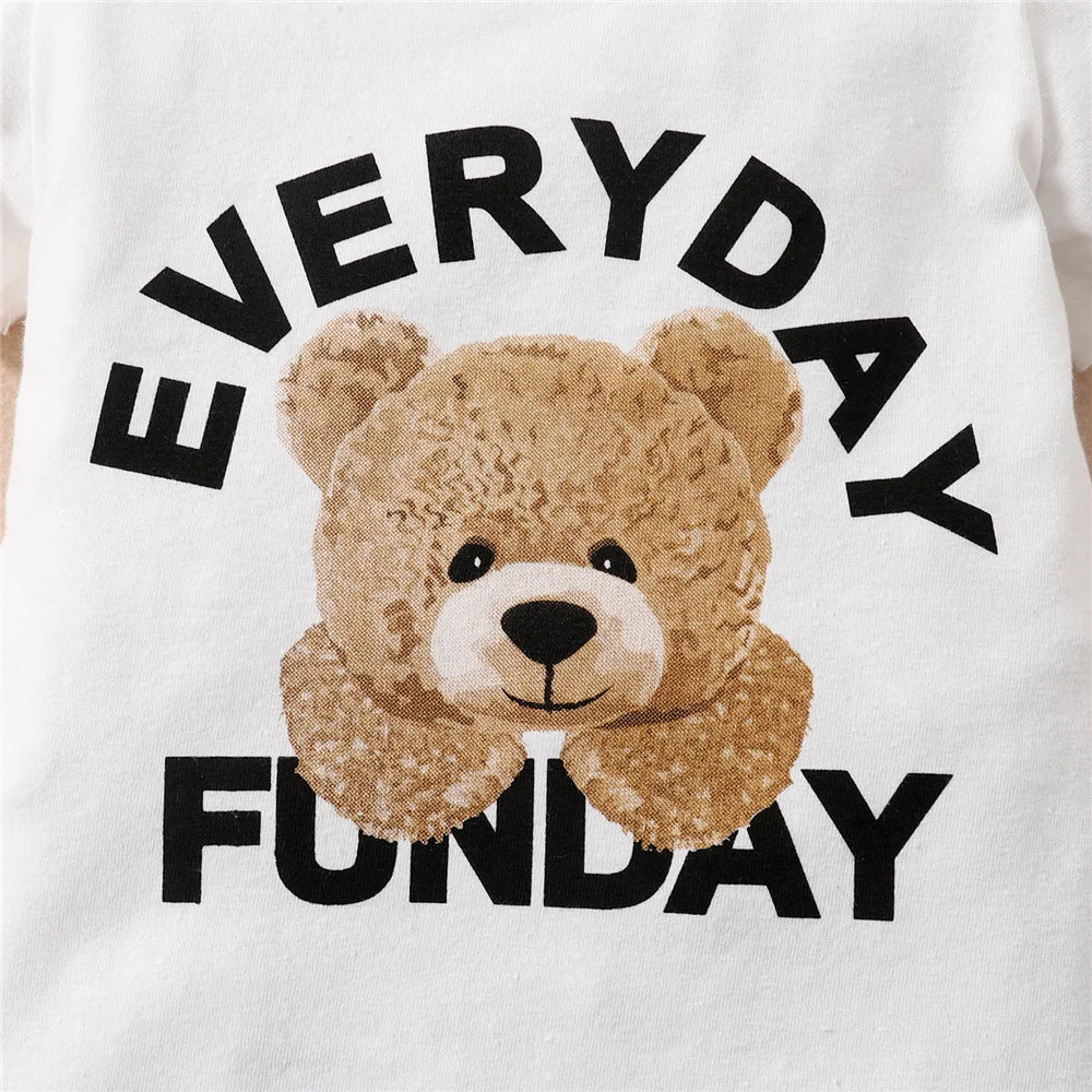 Styling option and alternate perspective of the baby boys panda bear short sleeve romper and hat set