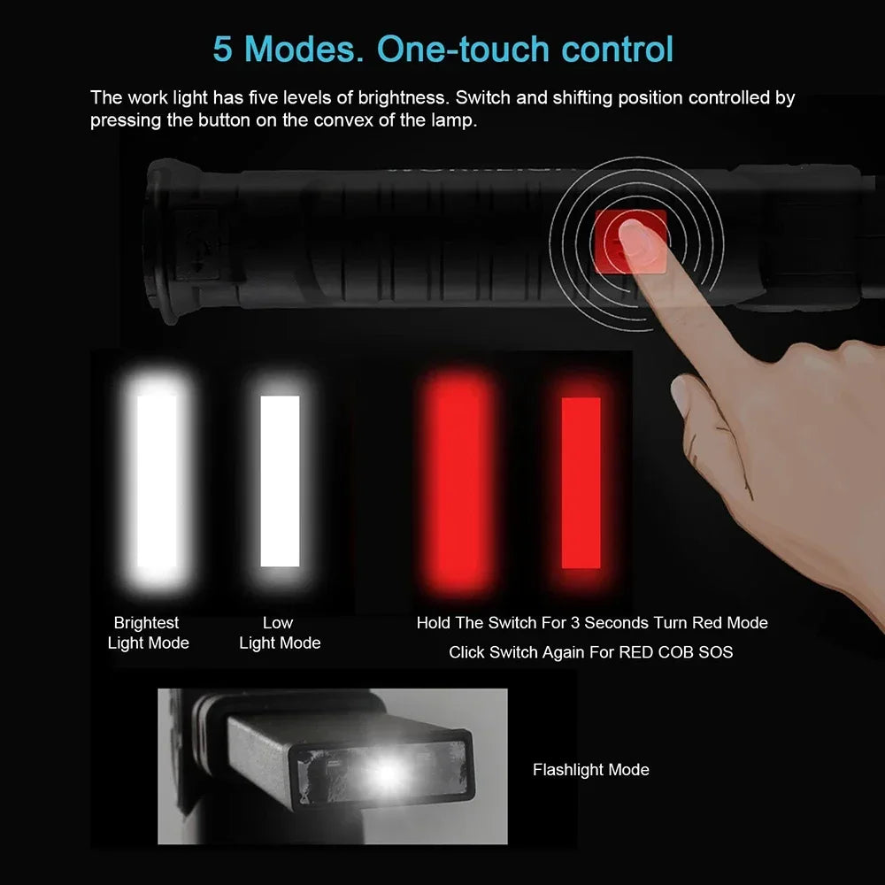 Rechargeable Camping LED Flashlight Work Light - IP64 Waterproof, 5 Modes, Magnet & Hook for Night Work