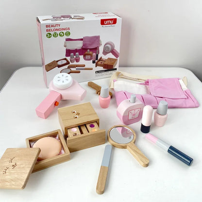 Kids Makeup Set Wooden Pretend Play Cosmetic Toy With Carry Bag Eco Friendly Hairdressing Kit Holiday Gift 2025