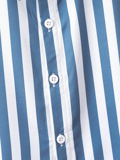 Design features and details on the boys blue and white striped shirt set - view 4