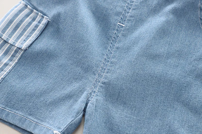Kids fashion view of the boys striped shirt and denim shorts set - view 12