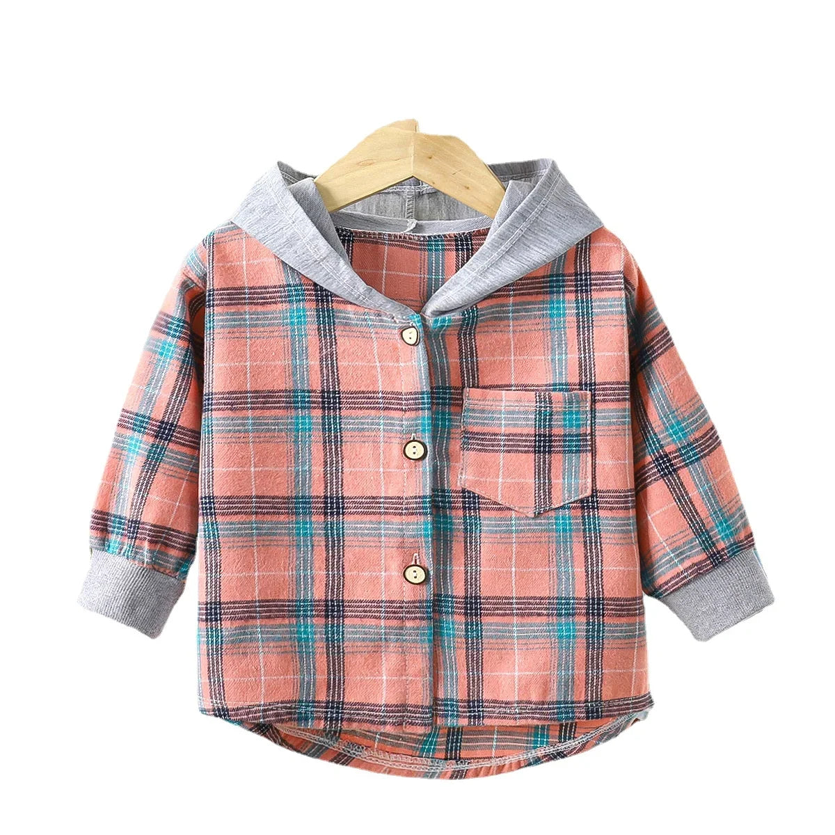 Fabric and texture detail of boys plaid long sleeve hooded jacket