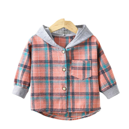 Fabric and texture detail of boys plaid long sleeve hooded jacket