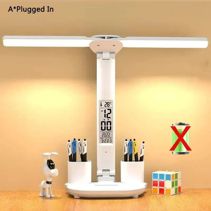 Rechargeable Desk Lamp LED With Fan And Clock Display Study Light Back To School 2025 Portable Adjustable Brightness