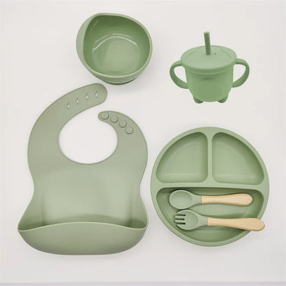 Baby Silicone Tableware Set 8 Piece Suction Bowls Divided Plate Bib Spoon Fork Fall 2025 Self Feeding Aid