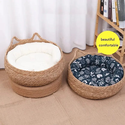 Cat Bed Natural Woven Nest With Seasonal Heating Pad And Washable Insert, Fall 2025 Cozy All Season Retreat