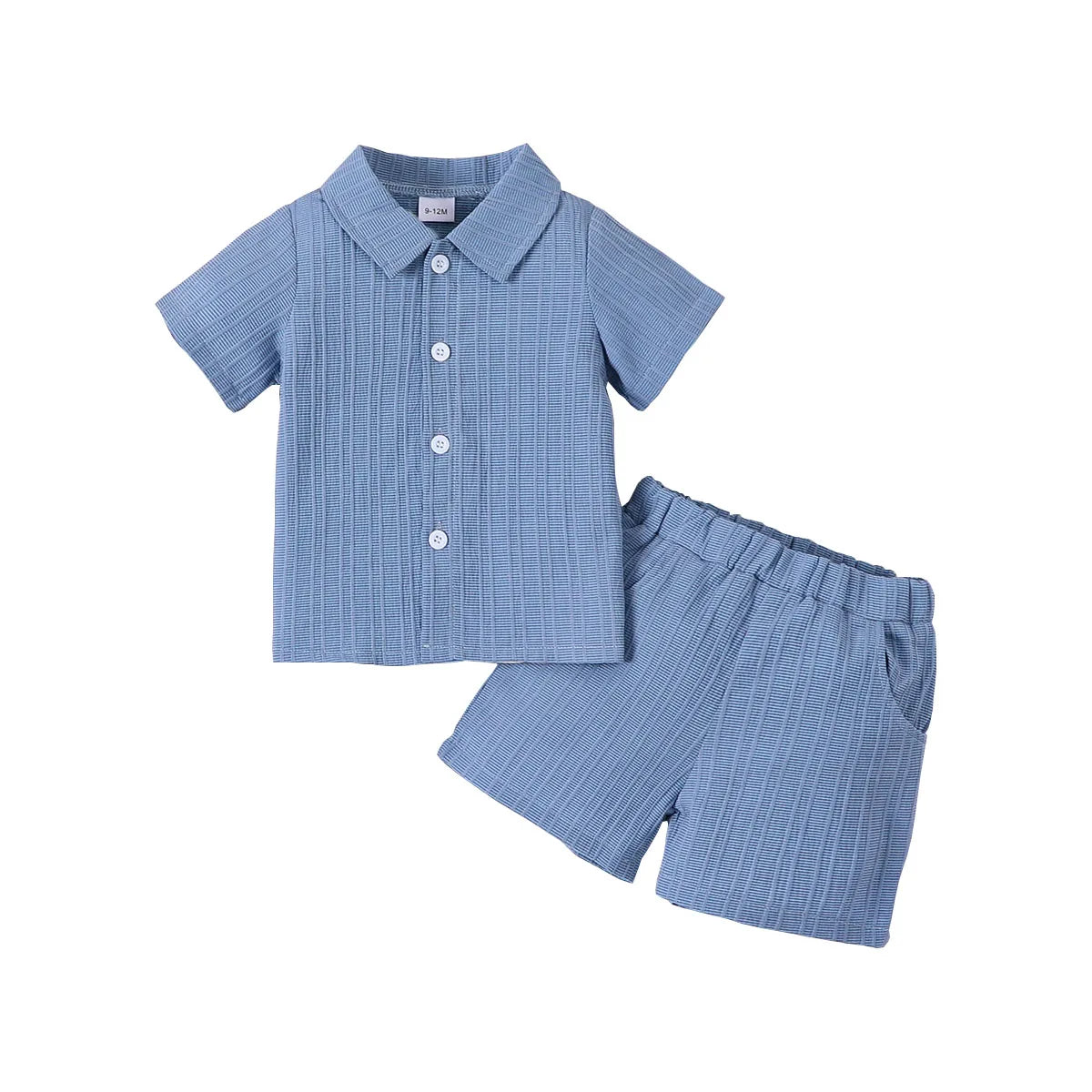 Focus on the neckline and sleeve features of the baby boys woven jacquard shirt and shorts set