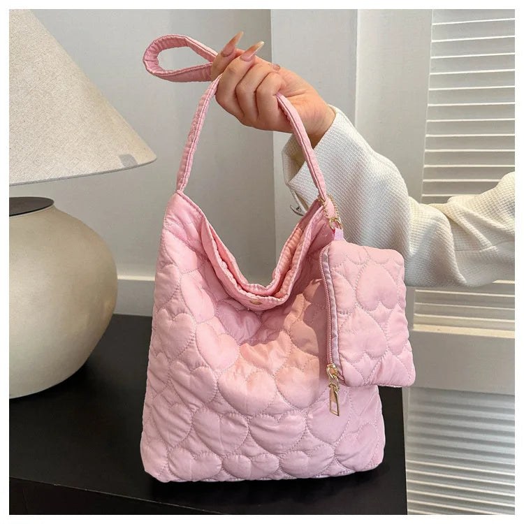 Cozy women's quilted tote – padded square shoulder bag, polyester, casual everyday