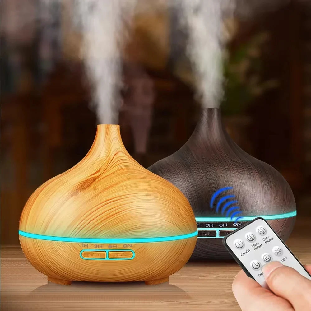 Air Humidifier Aromatherapy Essential Oil Diffuser 500ml Wood Grain Remote Control with 7 Color Lights for Home