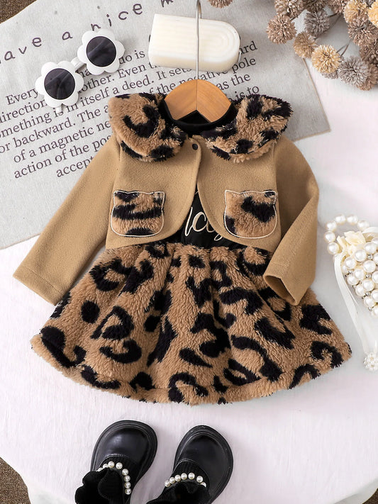 Baby girls two-piece outfit featuring a leopard print plush dress and lapel short coat