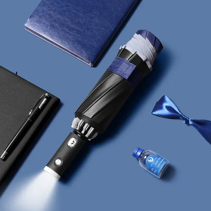 Fully Automatic Folding Waterproof Umbrella with LED Flashlight and UV Sunshade for Rain and Wind Resistance