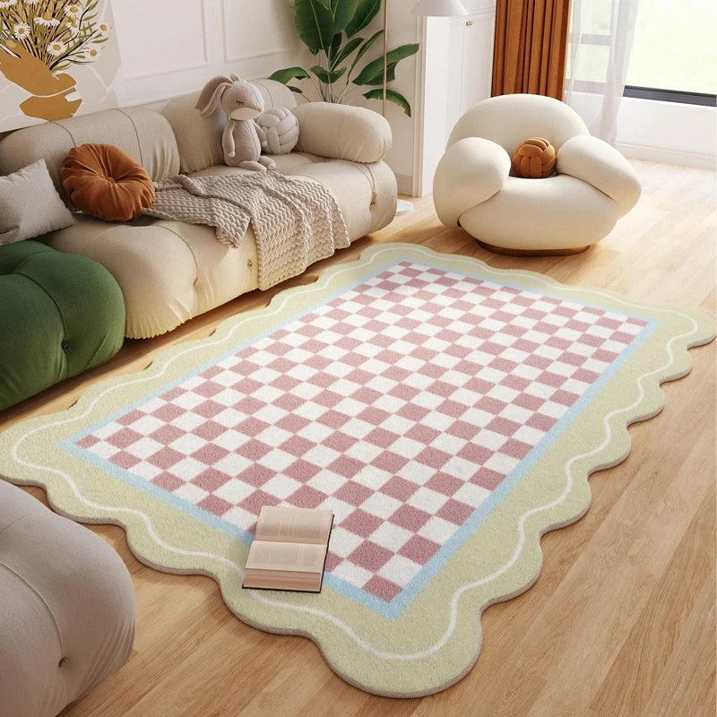 Plush Rug Checkered Scalloped Area Rug, Kids Bedroom Living Room Accent Fall 2025 Cozy Fluffy Machine Washable