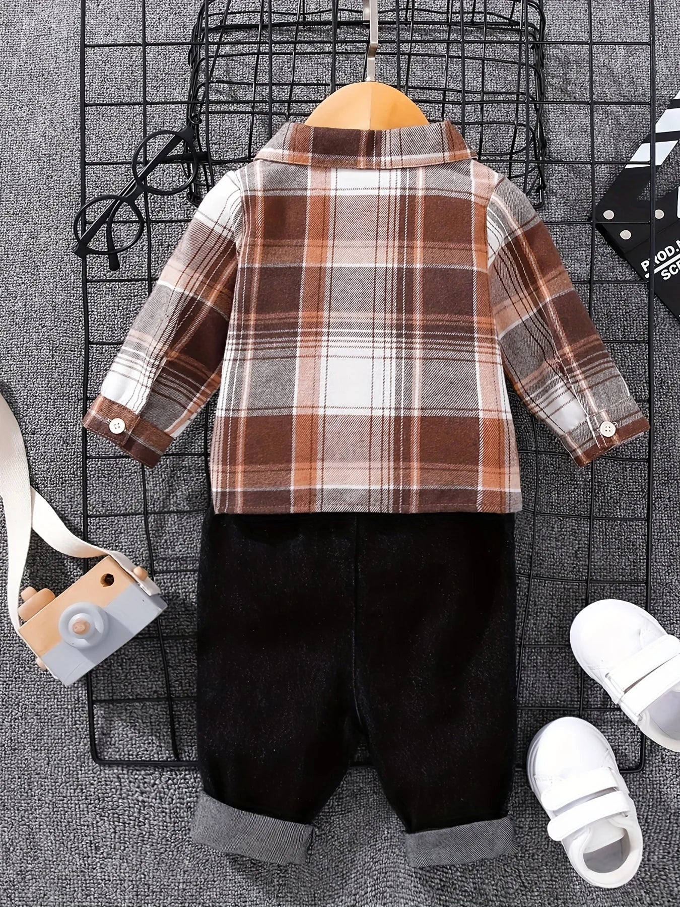 Styling option for boys tartan polo shirt & denim trousers set