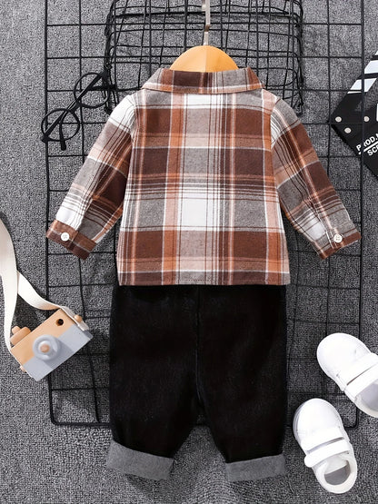 Styling option for boys tartan polo shirt & denim trousers set