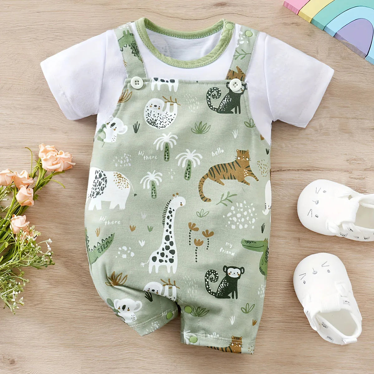 Zoo animal print short sleeve faux two piece romper for baby boys
