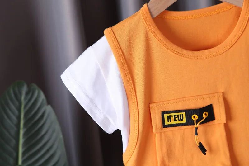 Side view of boys summer casual t-shirt & shorts set