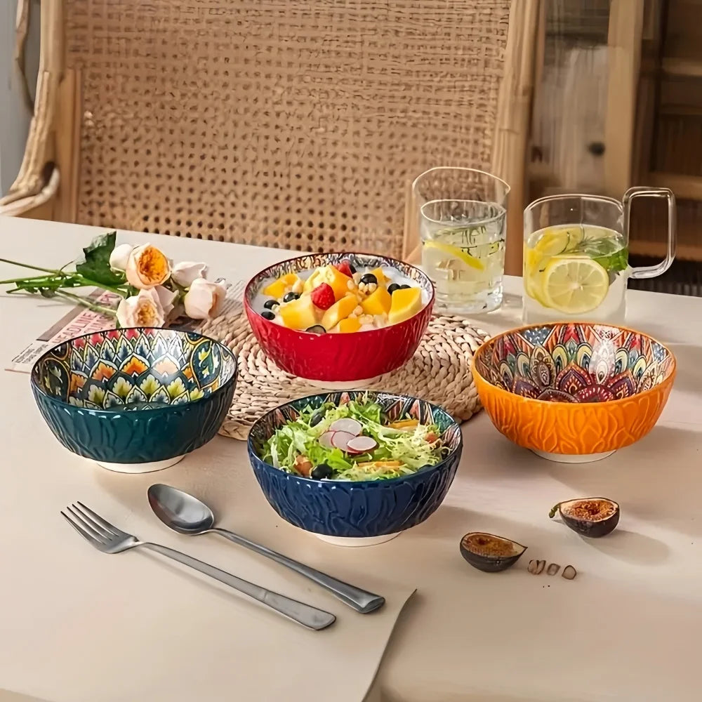 Bohemian Ceramic Bowls Set Floral Serving Bowls Versatile
