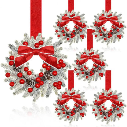 Christmas Wreaths Set Of 6 Mini Cabinet Wreaths With Red Bows Farmhouse Holiday 2025 Artificial Durable Decor