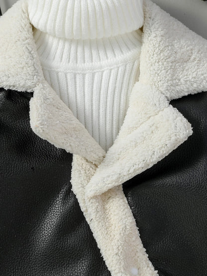 Thick warm lining inside kids winter leather-look coat