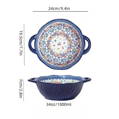 Ceramic Soup Bowl Bohemian Handle Embossed Microwave