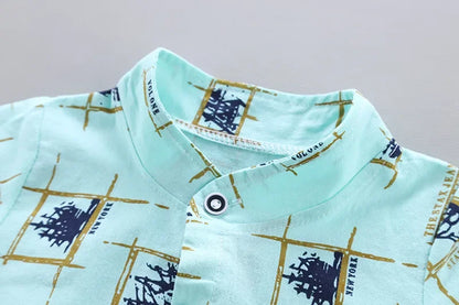 Occasion style layout showcasing the baby boys casual summer top and shorts set