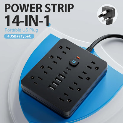 14-in-1 Power Outlet Surge Protector, 8 AC & 4 USB, Extension Cord for Desktop Charging