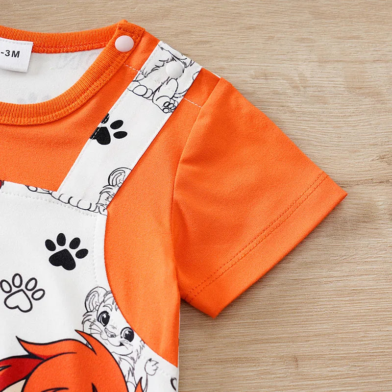 Baby wearing a short-sleeve romper with a lion print and faux two-piece design
