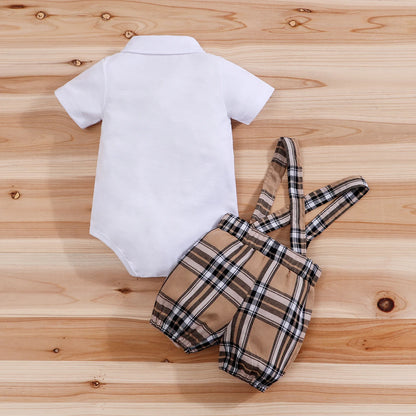 Side view of baby boys plaid bear bodysuit & trousers set
