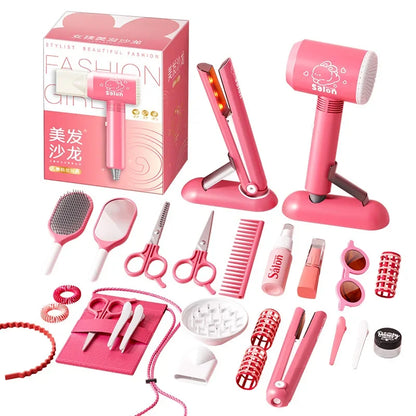 Kids Hair Salon Set Pink Pretend Play Styling Kit With Hair Dryer And Accessories Fall 2025 Gift