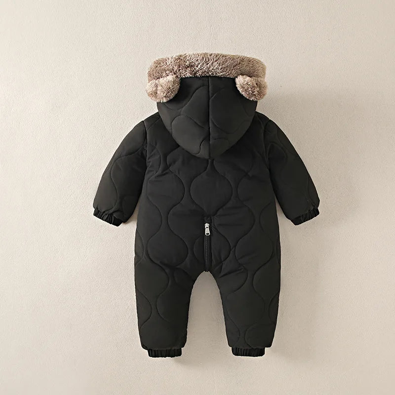 Back view of baby fleece lined hooded winter onesie