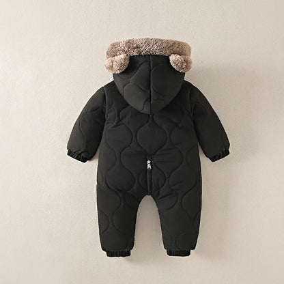 Back view of baby fleece lined hooded winter onesie