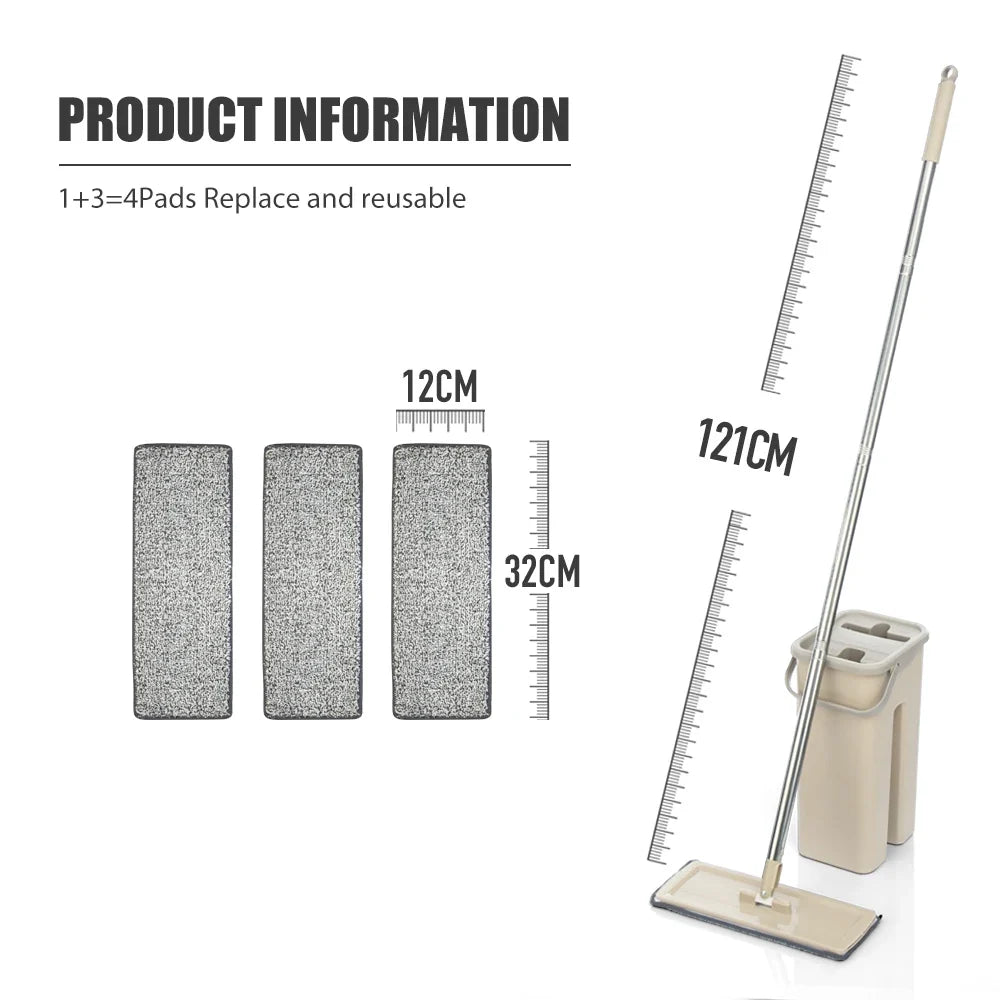 Household Cleaning Hand-Free Flat Floor Mop & Bucket Set with Washable Microfiber 4x Pads