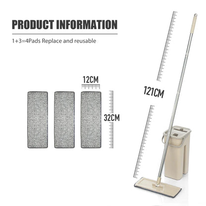 Household Cleaning Hand-Free Flat Floor Mop & Bucket Set with Washable Microfiber 4x Pads