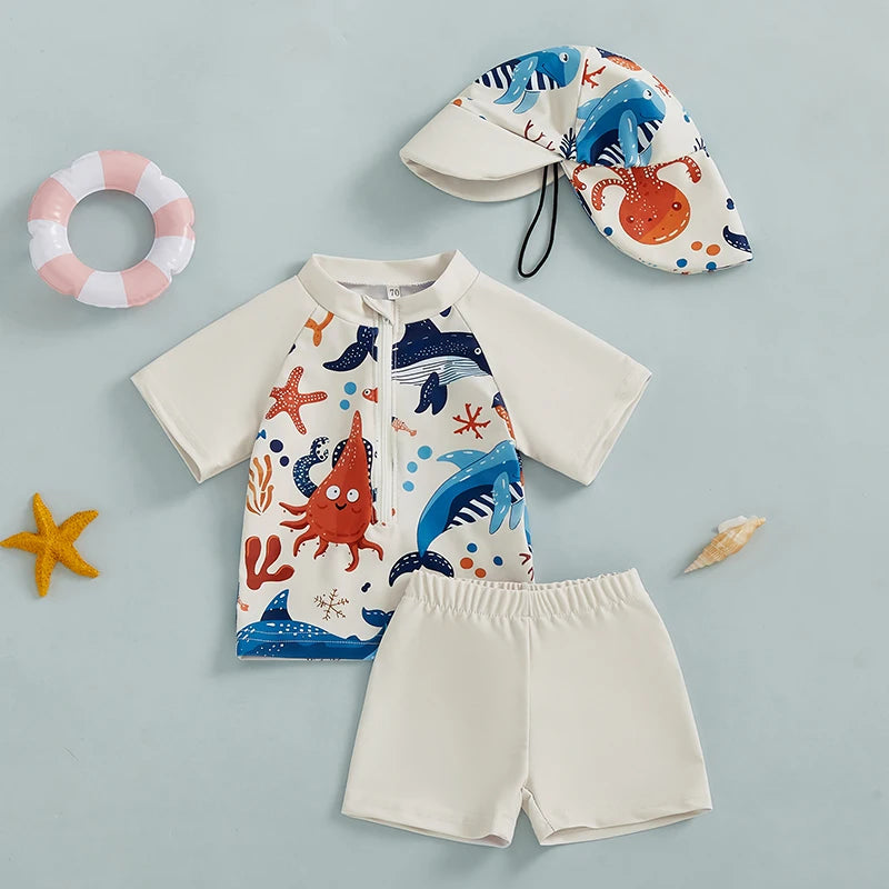 Side or lifestyle view of baby boys 3-piece zip rash guard swimwear set