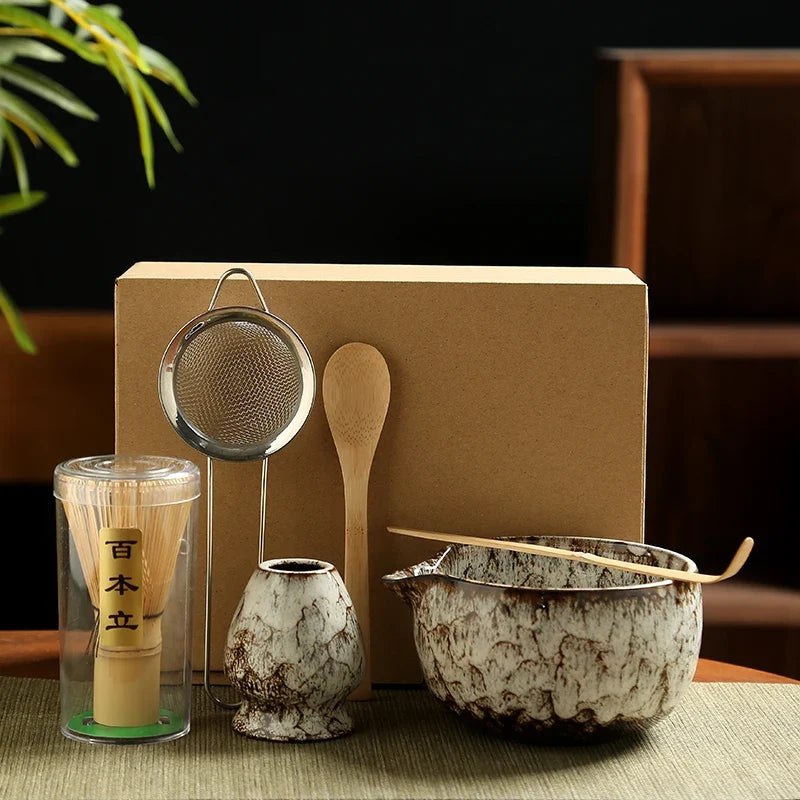 Matcha Tea Set Ceramic Bowls With Bamboo Whisk 6 Piece