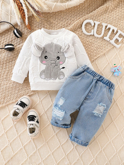 Baby two-piece outfit featuring an elephant appliqué quilted sweatshirt and joggers