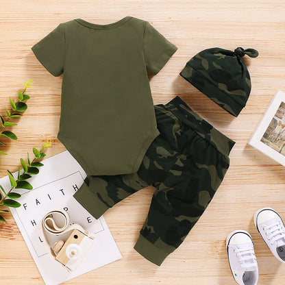 Different colour variation or layout view of the baby boys camouflage shorts and letter print romper set