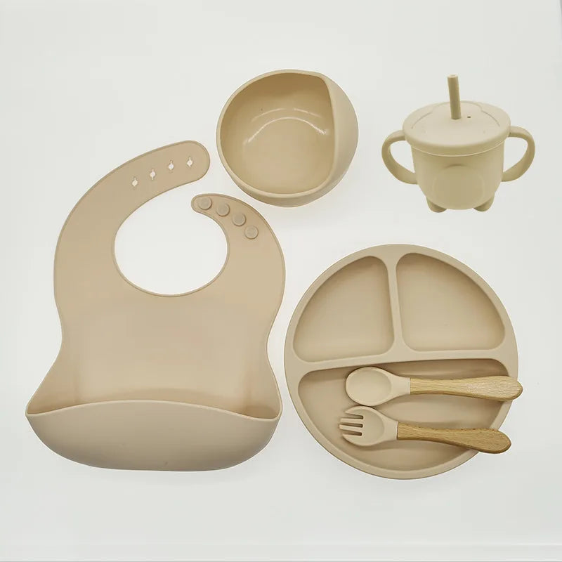 Baby Silicone Tableware Set 8 Piece Suction Bowls Divided Plate Bib Spoon Fork Fall 2025 Self Feeding Aid