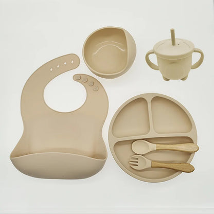 Baby Silicone Tableware Set 8 Piece Suction Bowls Divided Plate Bib Spoon Fork Fall 2025 Self Feeding Aid